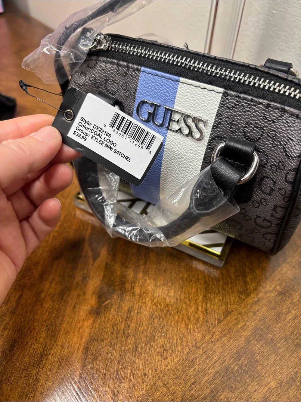 Guess Black Mini Satchel with Blue and White Center Stripe and crossbody strap - Picture 5 of 16